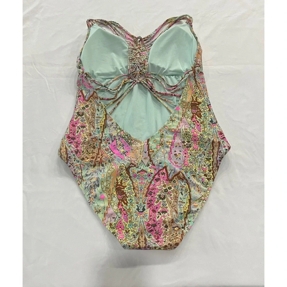 Victorias Secret‎ Paisley Strappy Back One Piece Swimsuit Pink Mint Gold Medium